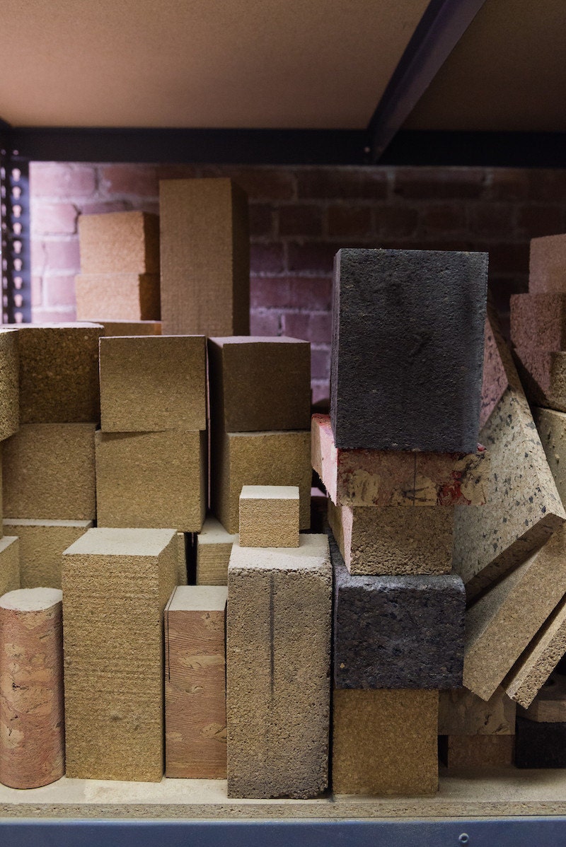 Cork blocks stacked in Melanie's studio