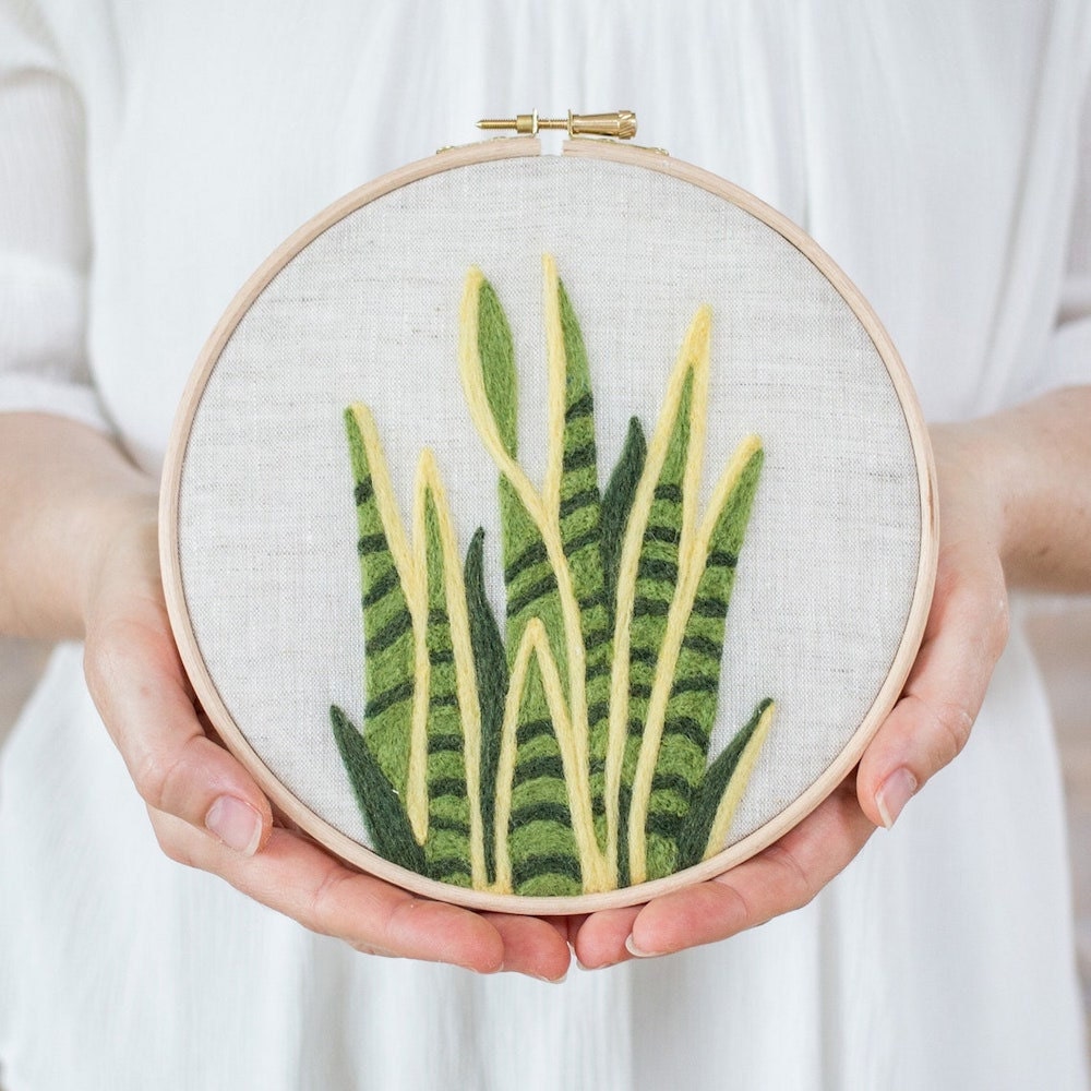 A snake plant needle felting hoop art kit from Felted Sky