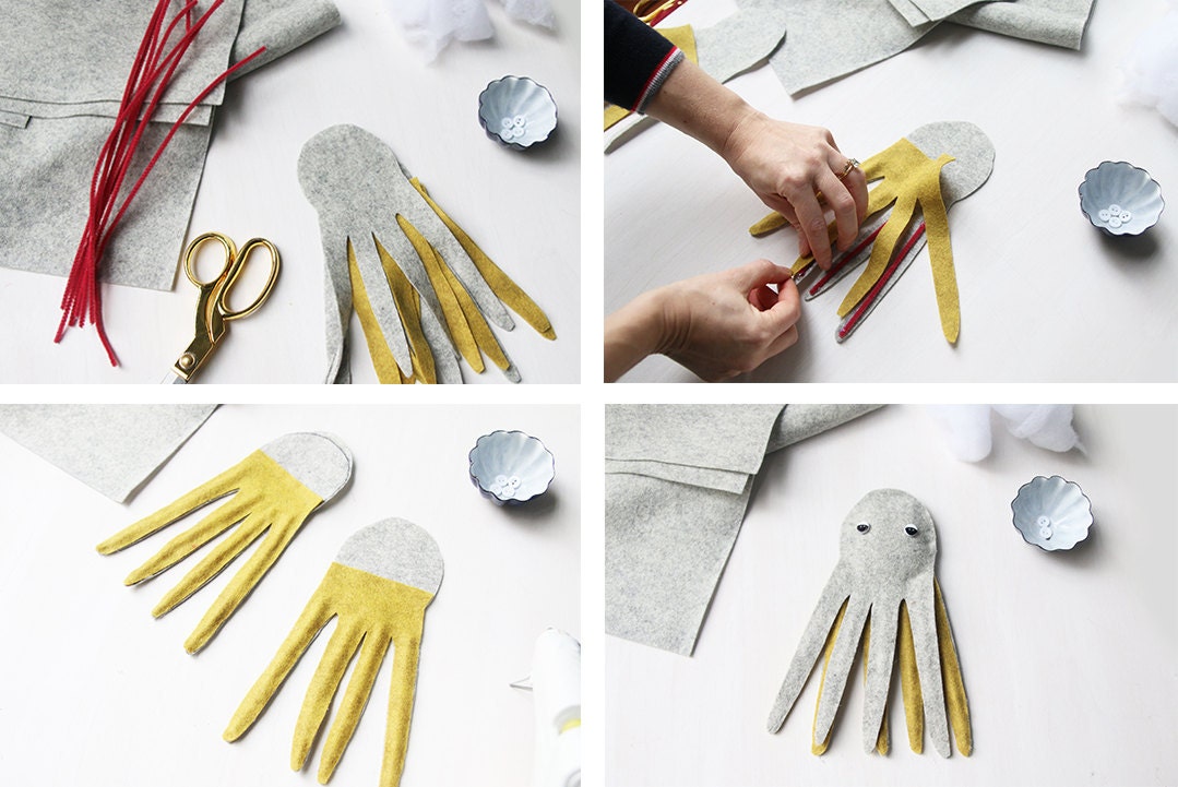 Photo collage showing how to DIY a gift card holder shaped like an octopus in 4 steps