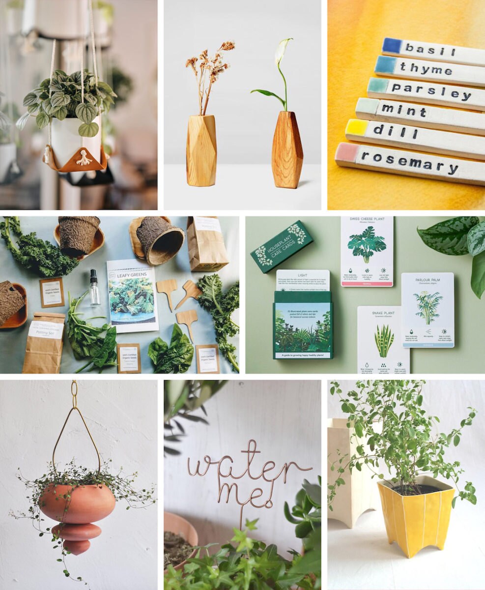 A collage of indoor garden ideas from Etsy