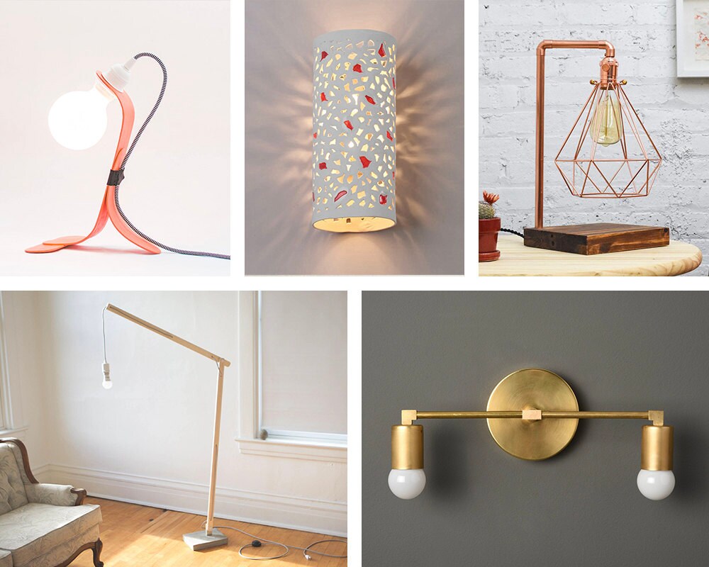 An assortment of lighting styles available on Etsy, including desk lamps, bedside table lamps, wall sconces, and floor lamps.