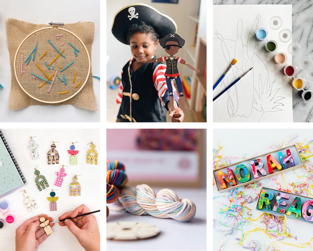 A collage of kid-friendly crafts available on Etsy