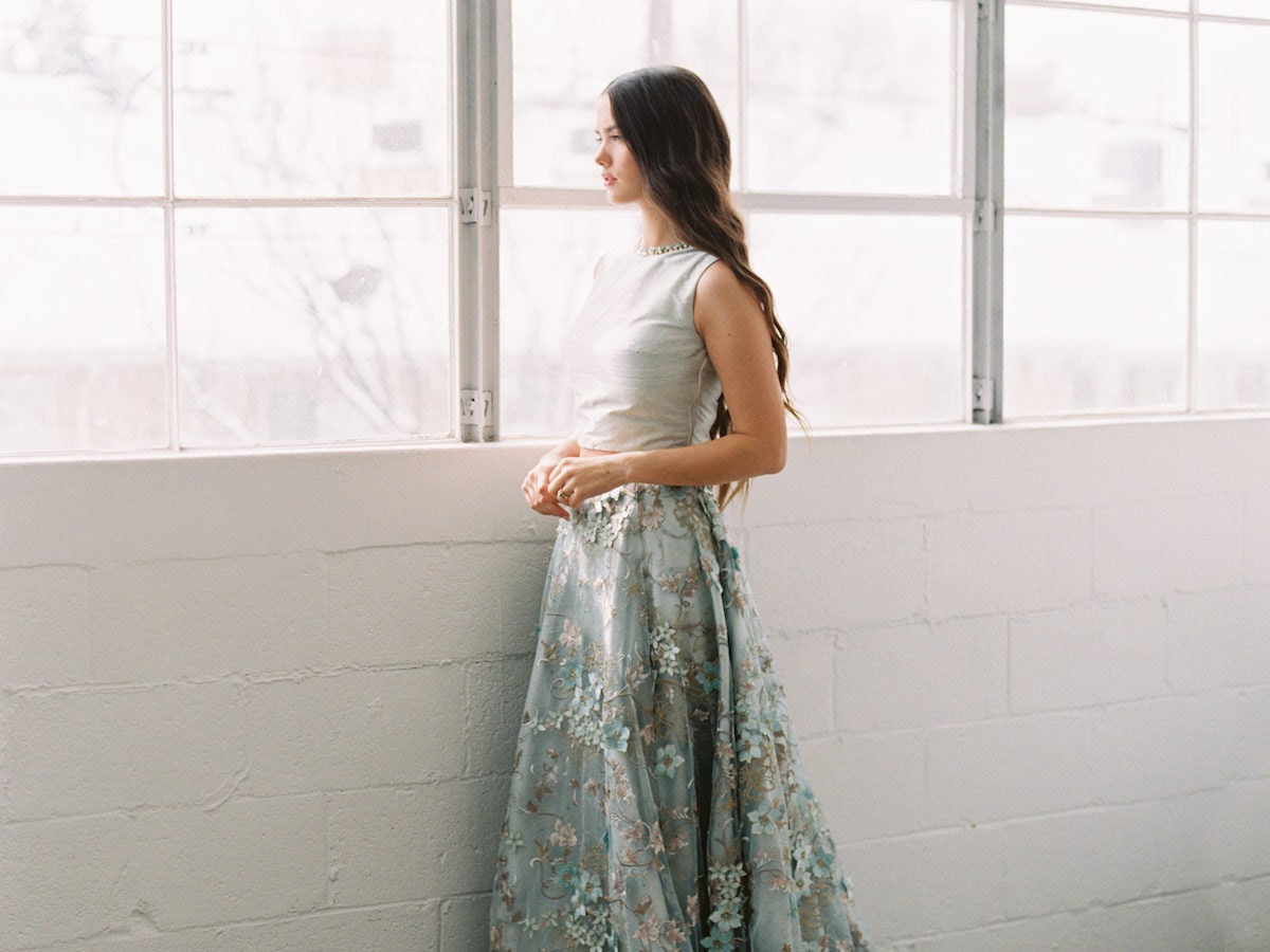 Dusty blue embellished wedding top and skirt from Smitha Menon Bridal