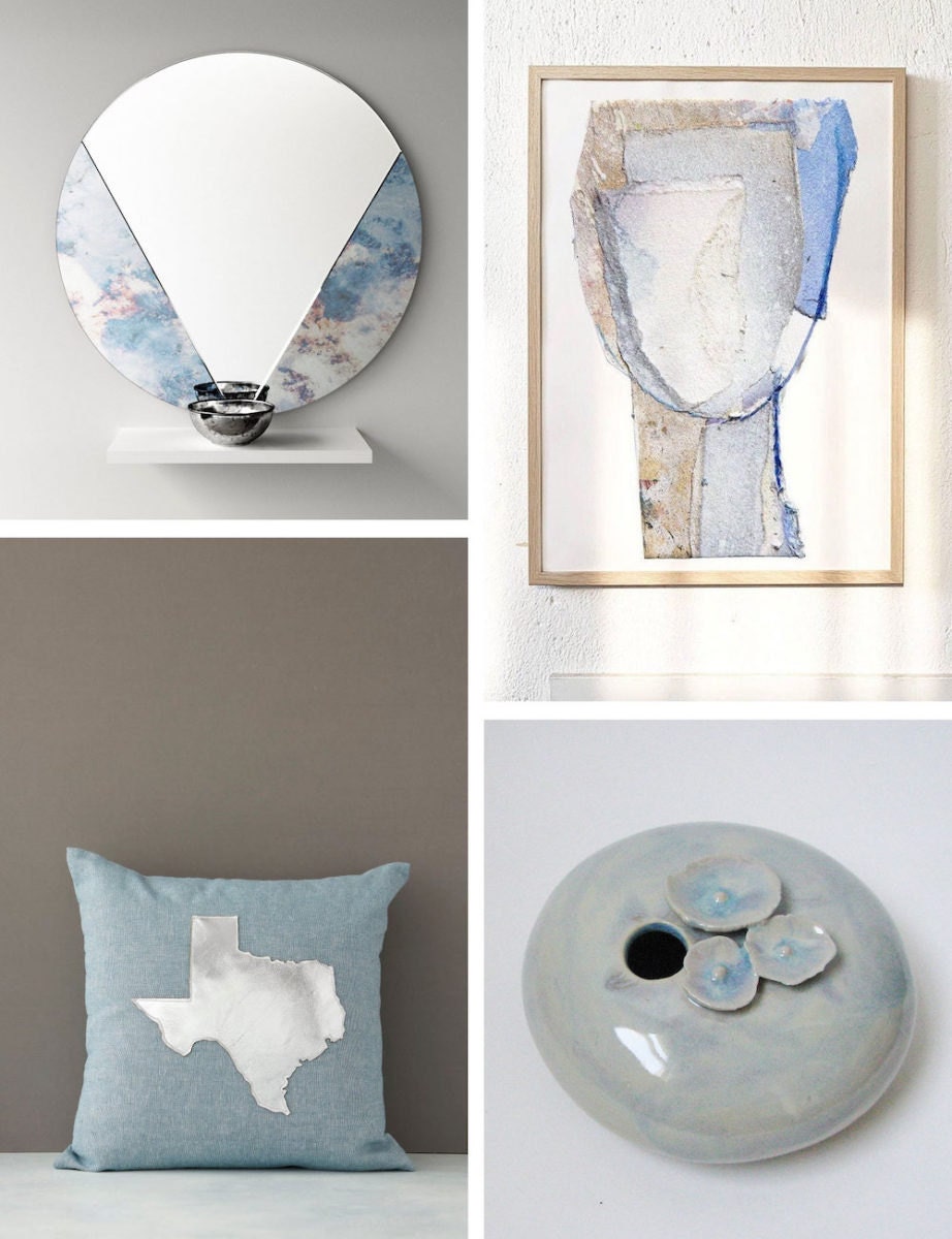 Collage of four opal-inspired home decor items