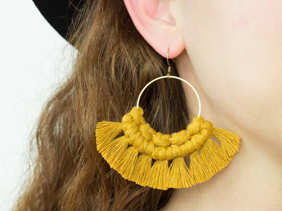 Mustard-colored macrame statement earrings