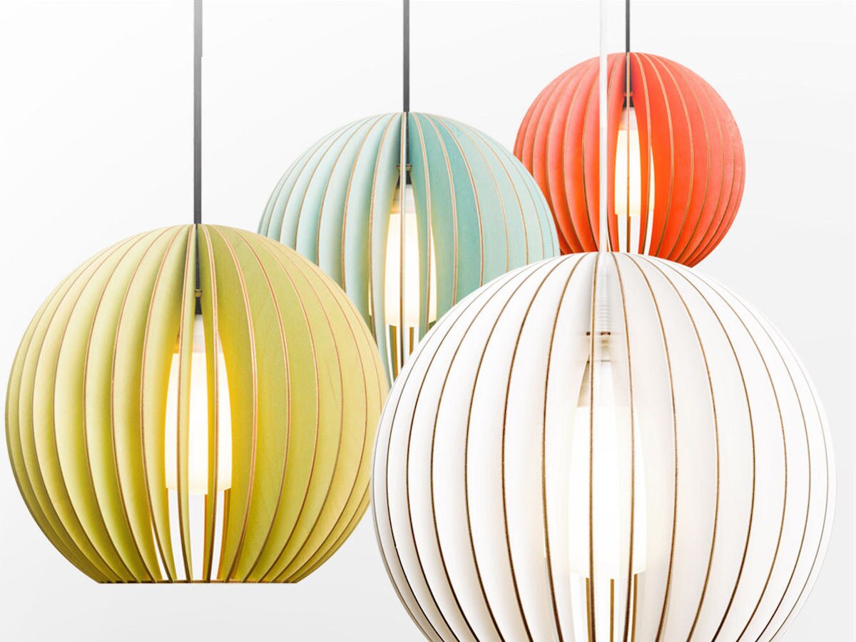 Colorful birchwood pendant lights from Iumi