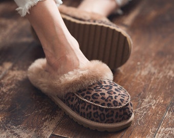 Leopard Sheepskin Slippers: Women's Wool Lined Mules