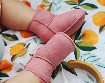 Rose sheepskin baby booties gift set