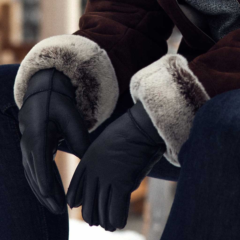 Women's Premium Shearling Sheepskin Fur Lined Leather Gloves Black