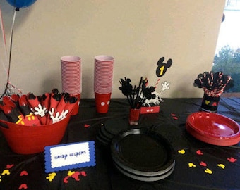 Complete Mickey Themed Table set for 10! Includes Cups, plates, straws, Utensils