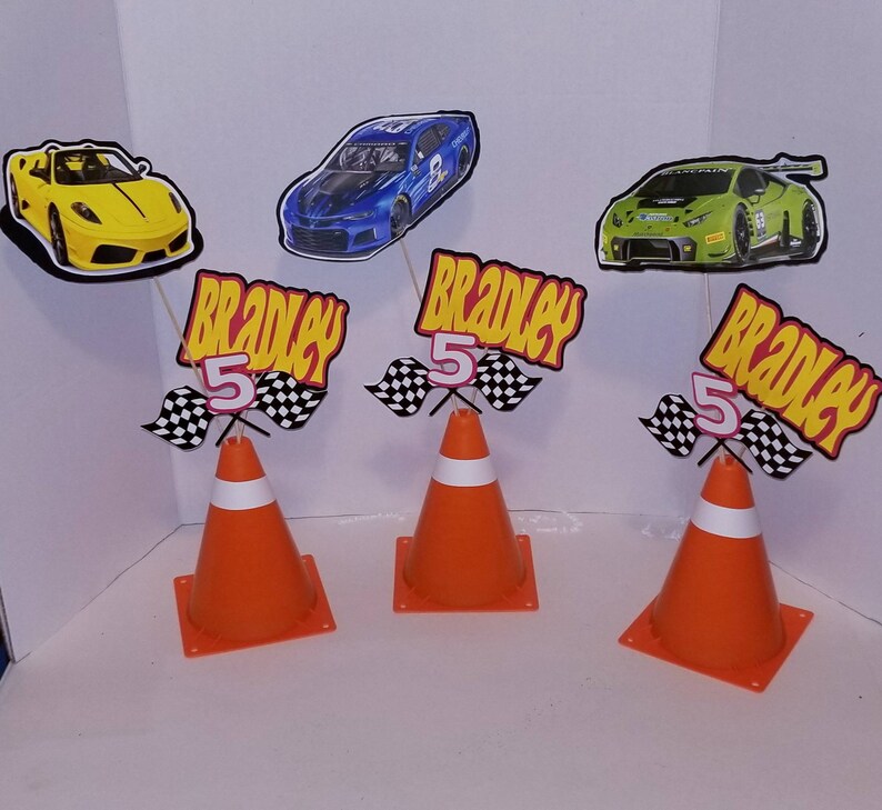 Race car themed Centerpiece. Complete with plastic cone. | Etsy