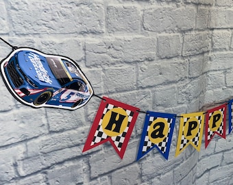 Pancarta de cumpleaños con diseño de coche de carreras, decoración de fiesta hecha a mano