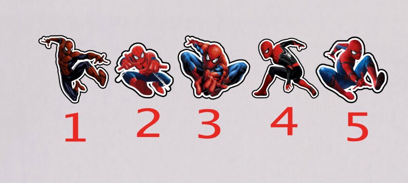 以下が含まれることがあります： 赤と青のスパイダーマンのステッカーが5種類あります。ステッカーは1から5まで番号が付けられています。