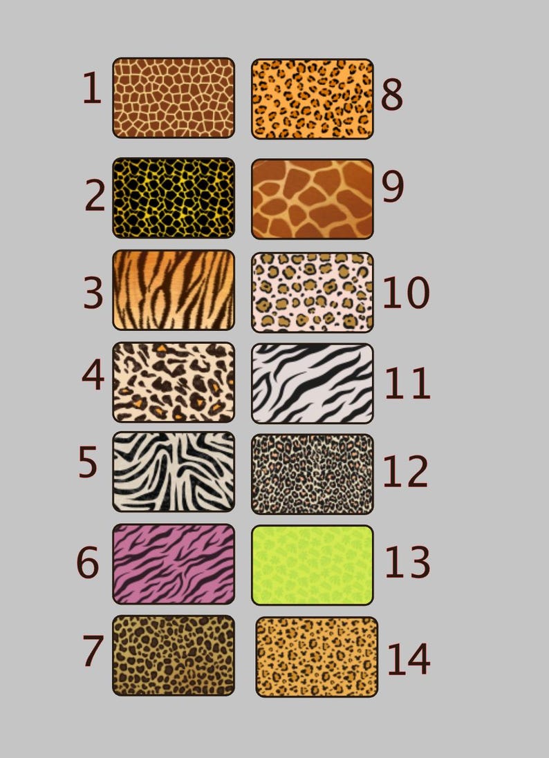 Puede incluir: Una cuadr&iacute;cula de catorce muestras rectangulares que muestran varios patrones de estampado animal, incluidos dise&ntilde;os de jirafa, leopardo, tigre y cebra, junto con un cuadrado de color verde lima s&oacute;lido. Cada muestra est&aacute; numerada del uno al catorce.