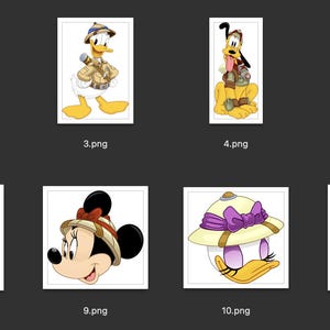 Puede incluir: Una colecci&oacute;n de doce ilustraciones digitales que muestran personajes de dibujos animados cl&aacute;sicos vestidos con equipo de safari, incluyendo a Mickey Mouse, Minnie Mouse, Donald Duck, Daisy Duck, Pluto y Goofy, todos con cascos coloniales y ropa de explorador.