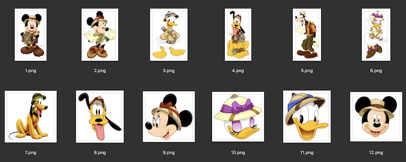 Puede incluir: Una colecci&oacute;n de doce ilustraciones digitales que muestran personajes de dibujos animados cl&aacute;sicos vestidos con equipo de safari, incluyendo a Mickey Mouse, Minnie Mouse, Donald Duck, Daisy Duck, Pluto y Goofy, todos con cascos coloniales y ropa de explorador.