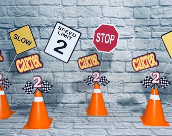 Race Car Party Centerpiece | Personalized Road Sign Cone