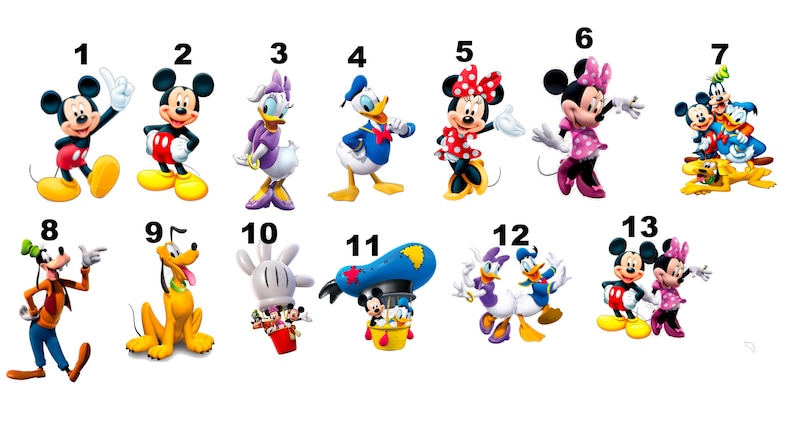 May include: A set of 13 colorful cartoon character iron-on transfers featuring Mickey Mouse, Minnie Mouse, Donald Duck, Daisy Duck, Goofy, Pluto, and other Disney characters. The transfers are numbered 1 through 13.