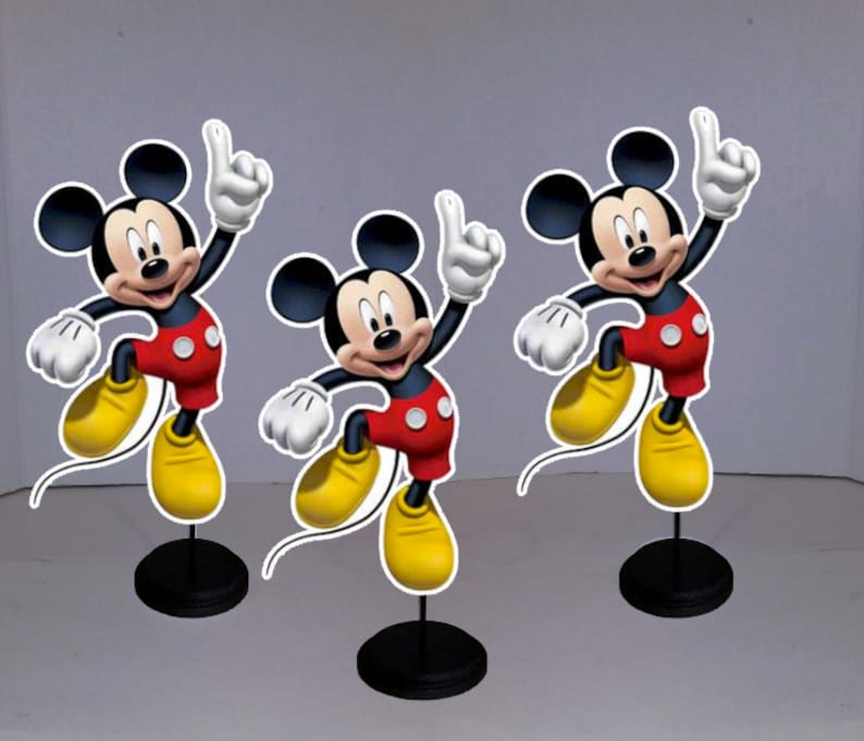 May include: Three Mickey Mouse centerpieces, each featuring a red and black Mickey Mouse character with a yellow shoe and a black base.