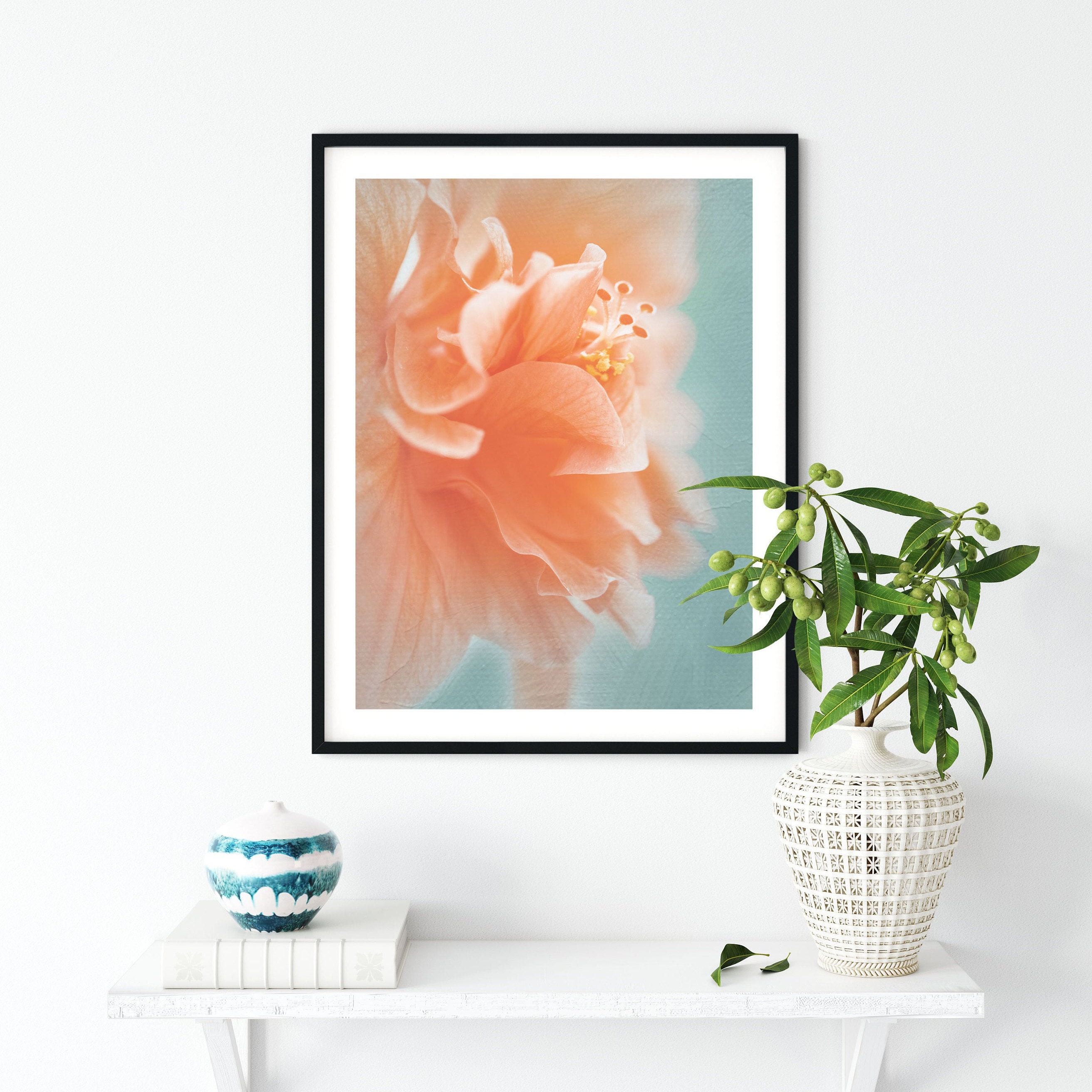 Teal orange wall decor botanical wall art blush art print Etsy