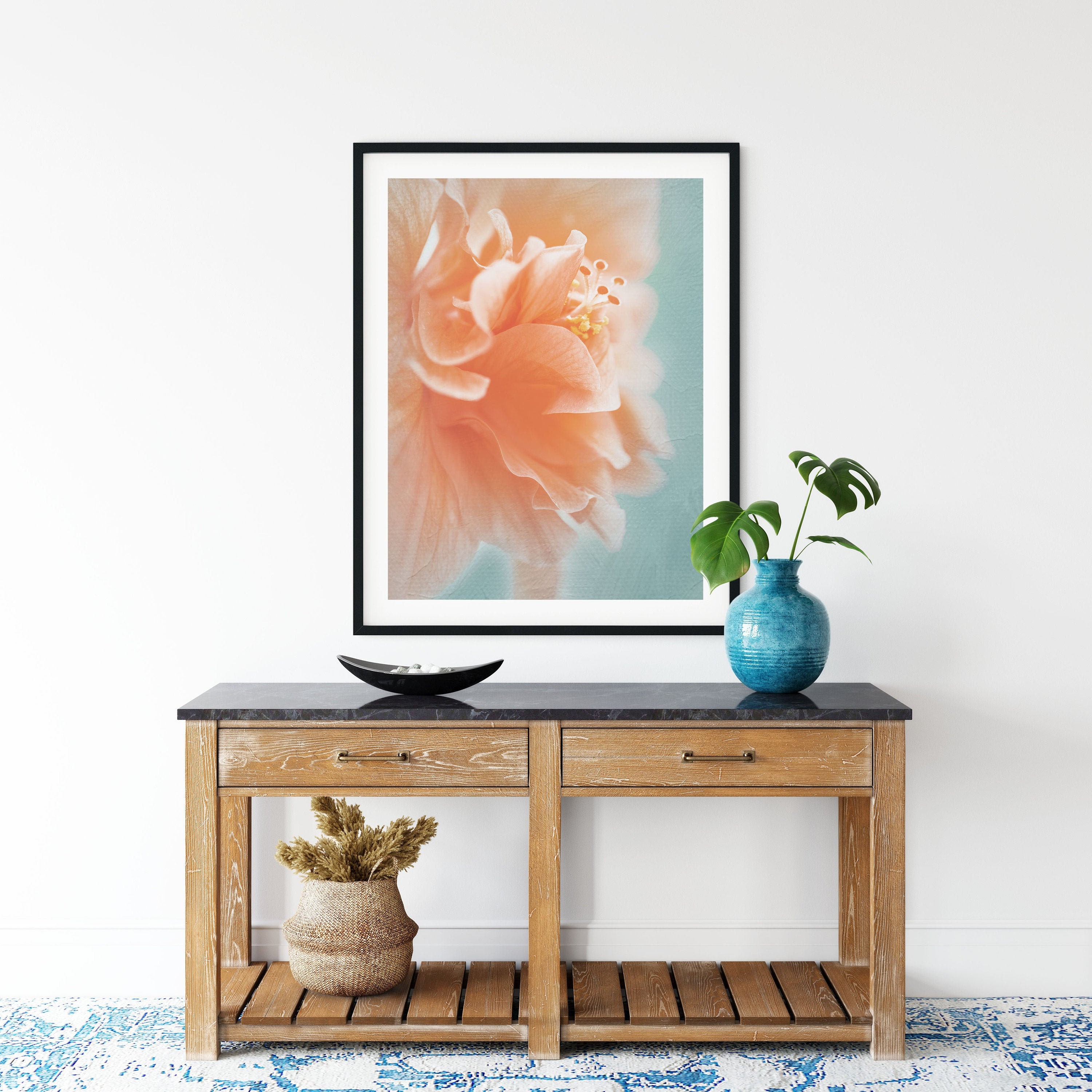 Teal orange wall decor botanical wall art blush art print Etsy