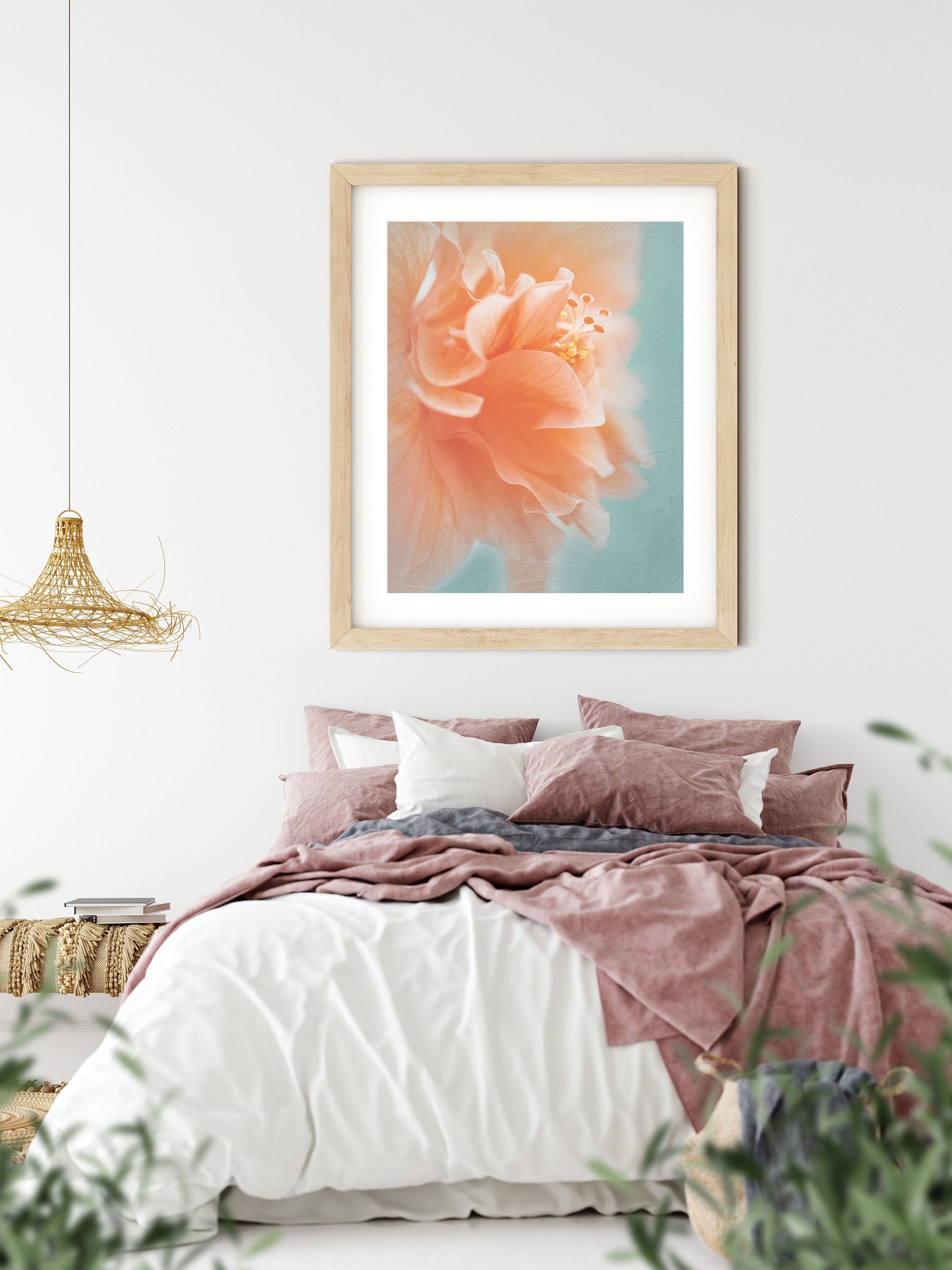 Teal orange wall decor botanical wall art blush art print Etsy