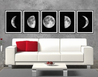 Moon Phases Wall Art Prints, Set of 5 Posters, Celestial Wall Decor, Lunar Phases Print, Girlfriend Gift, Galaxy Wall Print, Night Sky Art