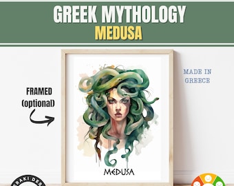 Greek Medusa Gift Wall Art, Greek Mythology Framed Poster, Ancient Greece Wall Decor, Watercolor Painting Art Print, History Home Decor