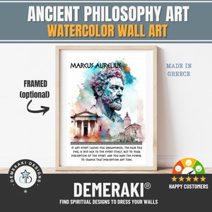 May include: Watercolor wall art featuring a portrait of Marcus Aurelius, a Roman emperor and philosopher, with a quote about perception and happiness. The artwork is framed and has a watercolor background with a cityscape in the background. The artwork is made in Greece.