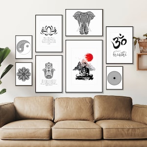Black and White Gallery Wall Set of 8 Prints, Yoga Poster Decor, Buddha Wall Art, Spiritual Quote Gift, Meditation Room Decor, Mandala Art