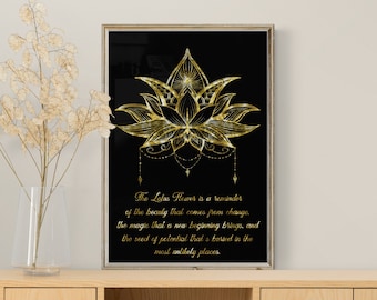 Yoga Poster, Lotus Flower Wall Art, Spiritual Quote Print, Buddha Wall Art, Black Gold Art, Yoga Wall Art, Inspirational Saying Gift