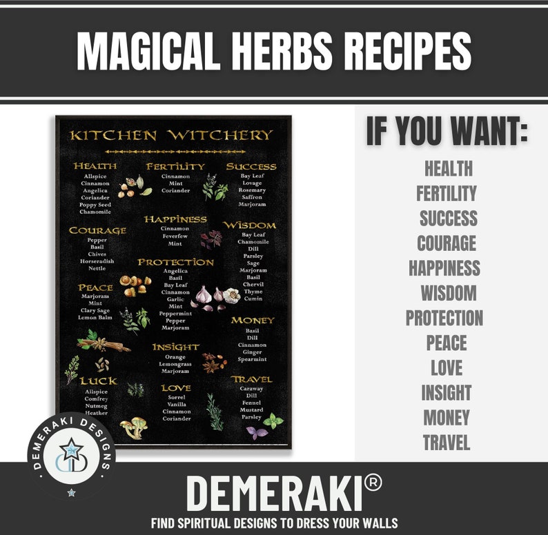 May include: A black and gold poster titled "Magical Herbs Recipes" with a "Kitchen Witchery" section listing herbs for health, fertility, success, and more. The poster also lists "If You Want" with related intentions.