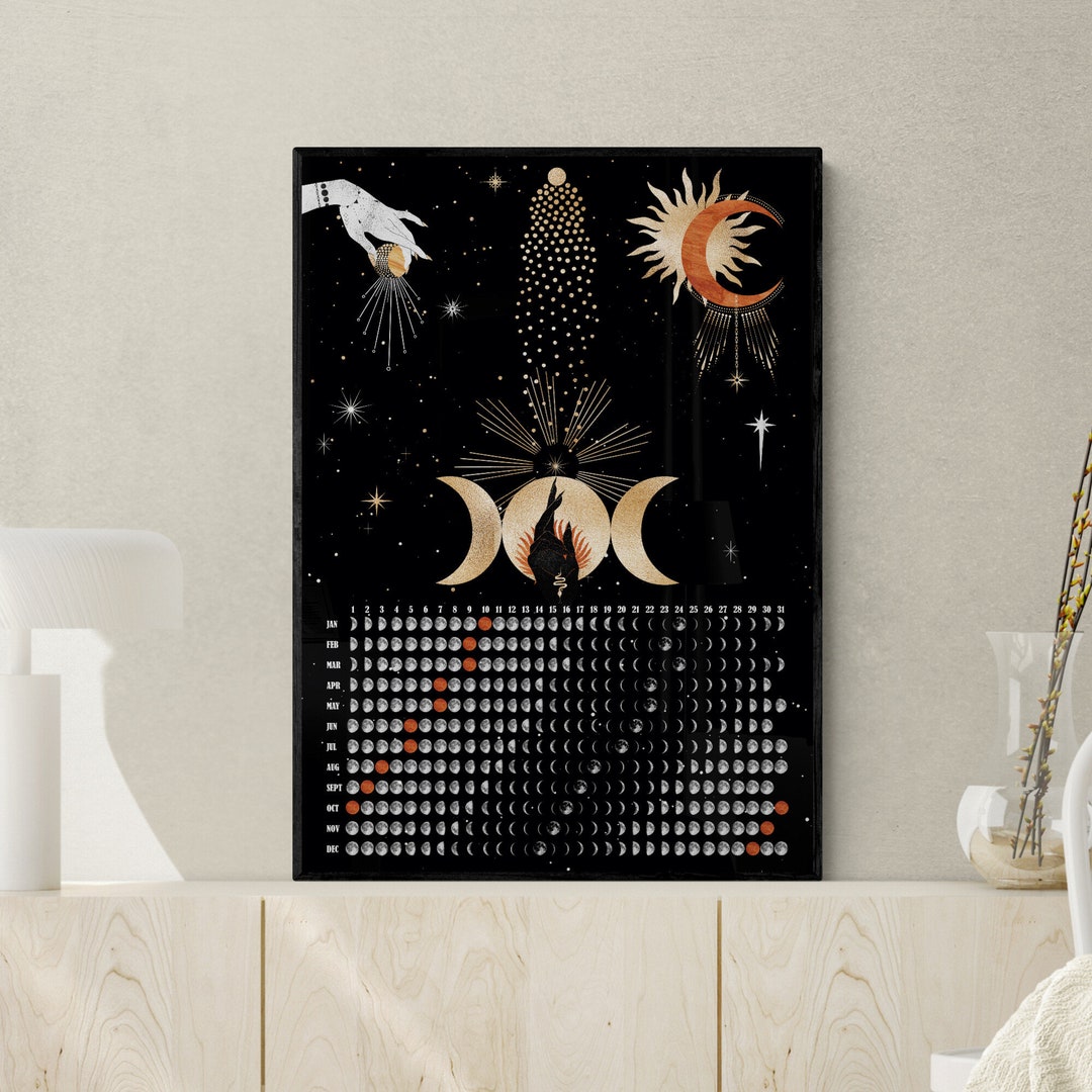Witchy Moon Calendar 2024, Wicca Poster Decor, Moon Phases Art Print