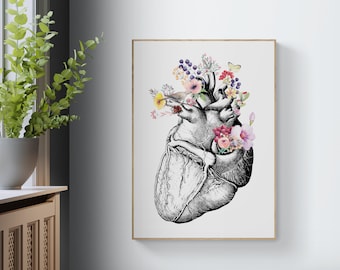 Heart Flower Anatomy Wall Art, Anatomical Floral Poster, Doctor Office Decor, Human Heart Art, Medical Student Gift, Valentines Gift