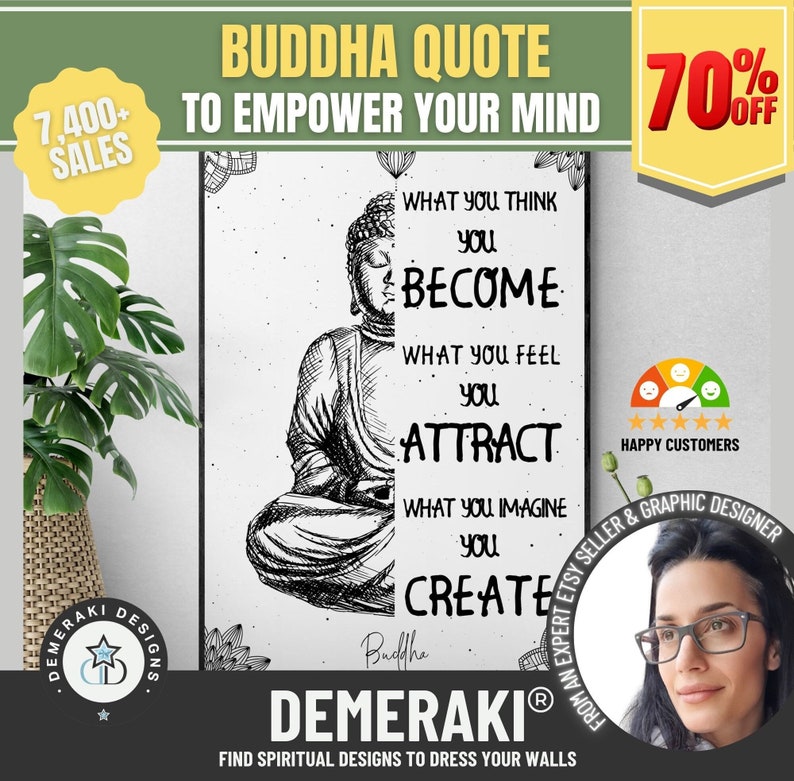 black and white buddha quote art print to decorate your yoga or meditation room, a classic spiritual gift, ''what you think you become what you feel you attract what you imagine you create''