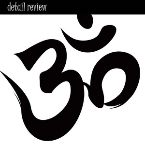 May include: A black Om symbol, a spiritual icon, against a white background. The symbol is rendered in a bold, brushstroke style, with the text "detail review" in white at the top.