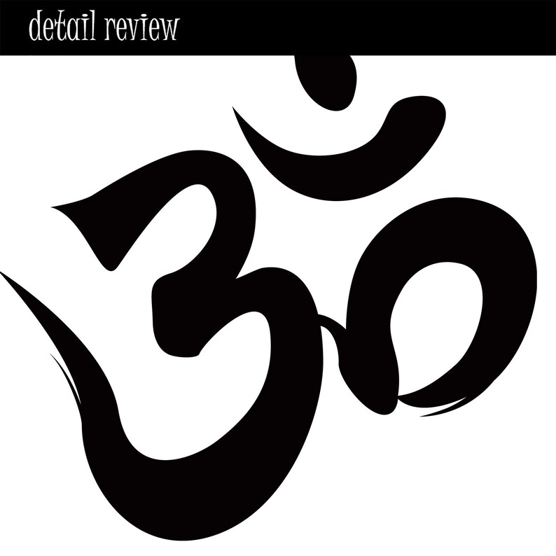 May include: A black Om symbol, a spiritual icon, against a white background. The symbol is rendered in a bold, brushstroke style, with the text "detail review" in white at the top.