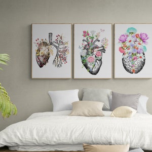 Puede incluir: Tres impresiones enmarcadas con ilustraciones anat&oacute;micas del coraz&oacute;n, los pulmones y el cerebro humanos, cada uno lleno de flores coloridas.