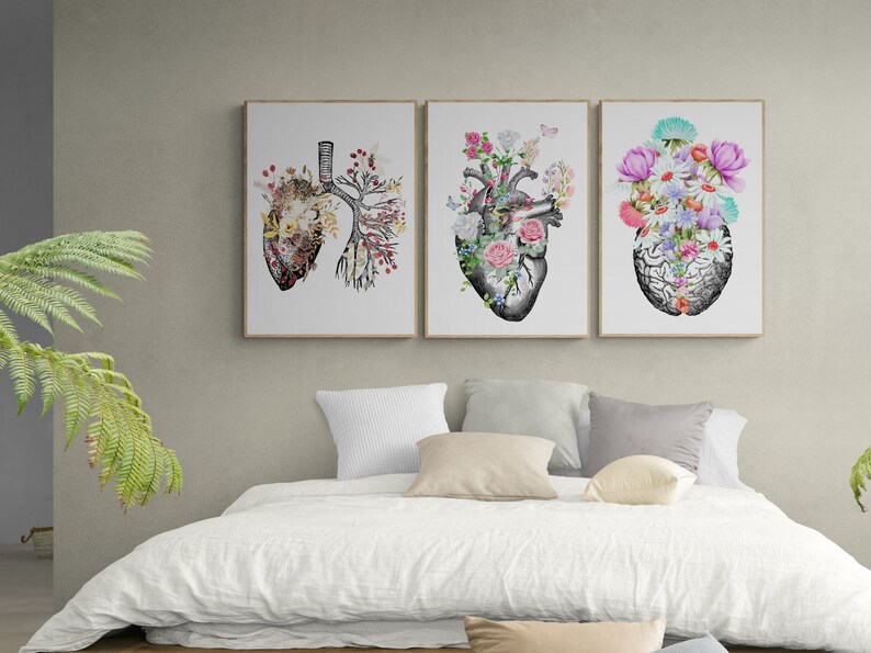Puede incluir: Tres impresiones enmarcadas con ilustraciones anat&oacute;micas del coraz&oacute;n, los pulmones y el cerebro humanos, cada uno lleno de flores coloridas.