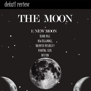 May include: A black and white graphic with the words "THE MOON" in large white letters. Below, the text reads "1 | NEW MOON" followed by a list of related concepts. Three moon illustrations are at the bottom, with stars scattered across the dark background.