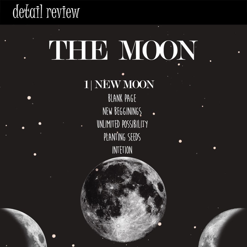May include: A black and white graphic with the words "THE MOON" in large white letters. Below, the text reads "1 | NEW MOON" followed by a list of related concepts. Three moon illustrations are at the bottom, with stars scattered across the dark background.