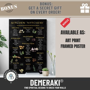 May include: A black poster titled "Kitchen Witchery" with various herbs and spices listed under categories like Health, Fertility, and Success. The poster is available as an art print or framed poster. The brand name "DEMERAKI" is at the bottom.