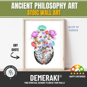 Puede incluir: Un dise&ntilde;o de arte de pared imprimible que presenta un cerebro estilizado con flores coloridas que crecen de &eacute;l. El texto "Ancient Philosophy Art Stoic Wall Art" est&aacute; en la parte superior de la imagen. El texto "DEMERAKI&reg; Find Spiritual Designs to Dress Your Walls" est&aacute; en la parte inferior de la imagen.