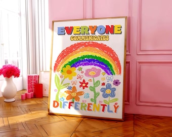 Świadomość autyzmu do druku na ścianie, Neurodywersyfikacja cyfrowy plakat, dzieci ADHD plakat, Boho kwiaty tęczowy wydruk, specjalne dekoracje edukacyjne