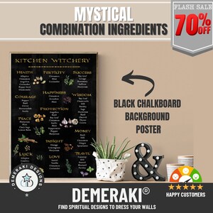 May include: A black chalkboard background poster with the text "Mystical Combination Ingredients" and "Kitchen Witchery" with a list of ingredients. The image includes a flash sale banner and decorative items.
