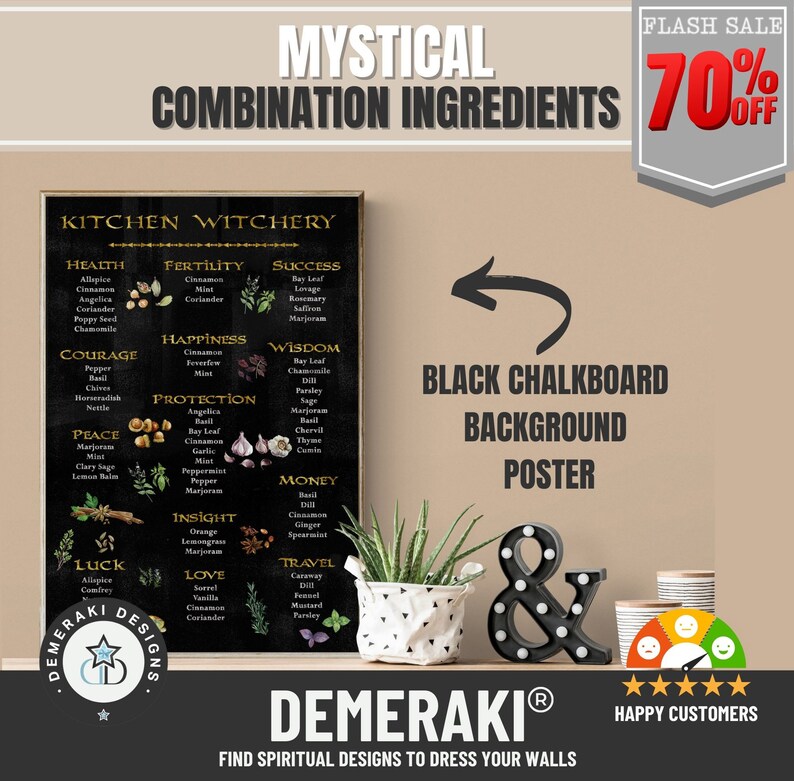 May include: A black chalkboard background poster with the text "Mystical Combination Ingredients" and "Kitchen Witchery" with a list of ingredients. The image includes a flash sale banner and decorative items.
