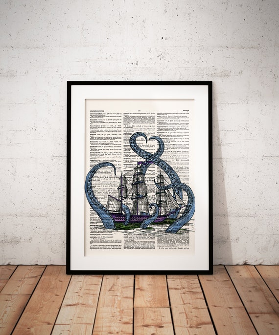 Octopus Attacking Ship Dictionary Art Print Picture Ocean Vintage Boat Poster