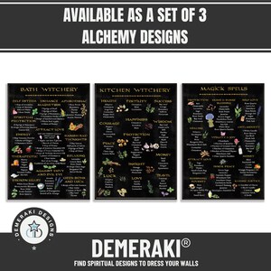 May include: Set of three wall art prints with black backgrounds and white text. Each print features a different theme: Bath Witchery, Kitchen Witchery, and Magick Spells. The prints include lists of ingredients and spells. The text "Alchemy Designs" is at the top.