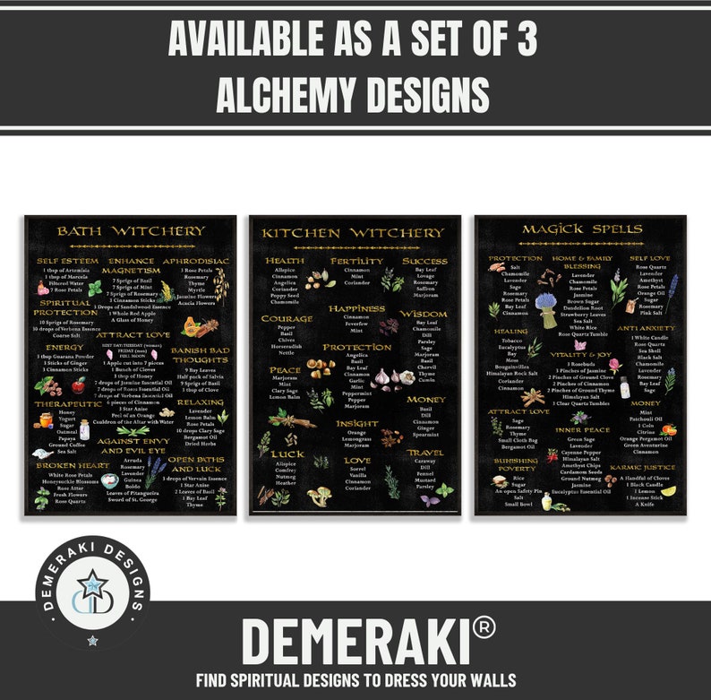 May include: Set of three wall art prints with black backgrounds and white text. Each print features a different theme: Bath Witchery, Kitchen Witchery, and Magick Spells. The prints include lists of ingredients and spells. The text "Alchemy Designs" is at the top.