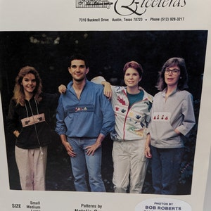 May include: A group of four people wearing colorful smocked shirts. The shirts have different patterns and colors, including red, blue, green, and white. The text "Smocking Etceleras" is at the top of the image, along with the business address and phone number. The text "Patterns by Natalie Green" is at the bottom of the image, along with the text "PHOTOS BY BOB ROBERTS PHOTOGRAPHY AUSTIN, TEXAS".